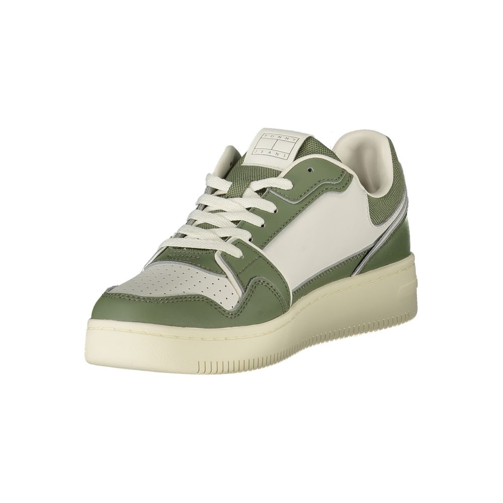 Tommy Hilfiger Green Leather Men Sneaker with contrasting white details and lace-up design, featuring the iconic logo on the side.