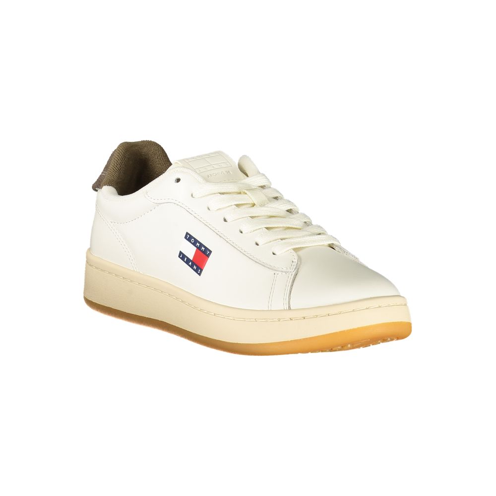 Tommy Hilfiger White Leather Women Sneaker with brown accents and logo, featuring a removable footbed for style and comfort.