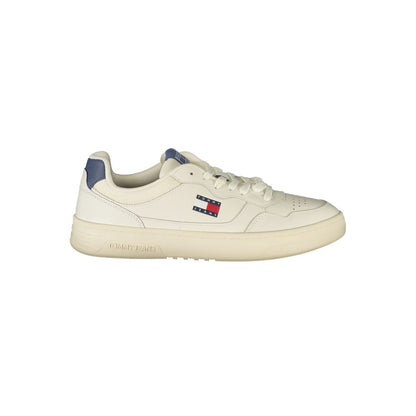Tommy Hilfiger White Leather Men Sneaker with blue accents and iconic logo, perfect for casual occasions, featuring a removable footbed.