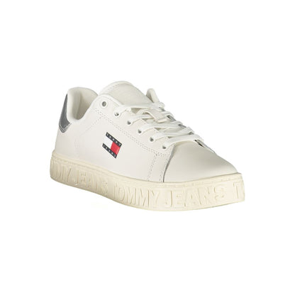 Tommy Hilfiger White Leather Women Sneaker with silver accents and Tommy logo, in a stylish and comfortable design.