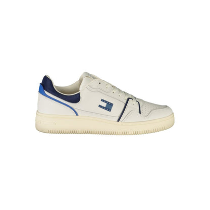 Tommy Hilfiger White Leather Men Sneaker with blue accents and iconic logo, perfect blend of style and comfort.