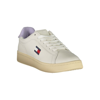 Tommy Hilfiger White Leather Women Sneaker with wisteria accents and logo, featuring a removable footbed for comfort and style.