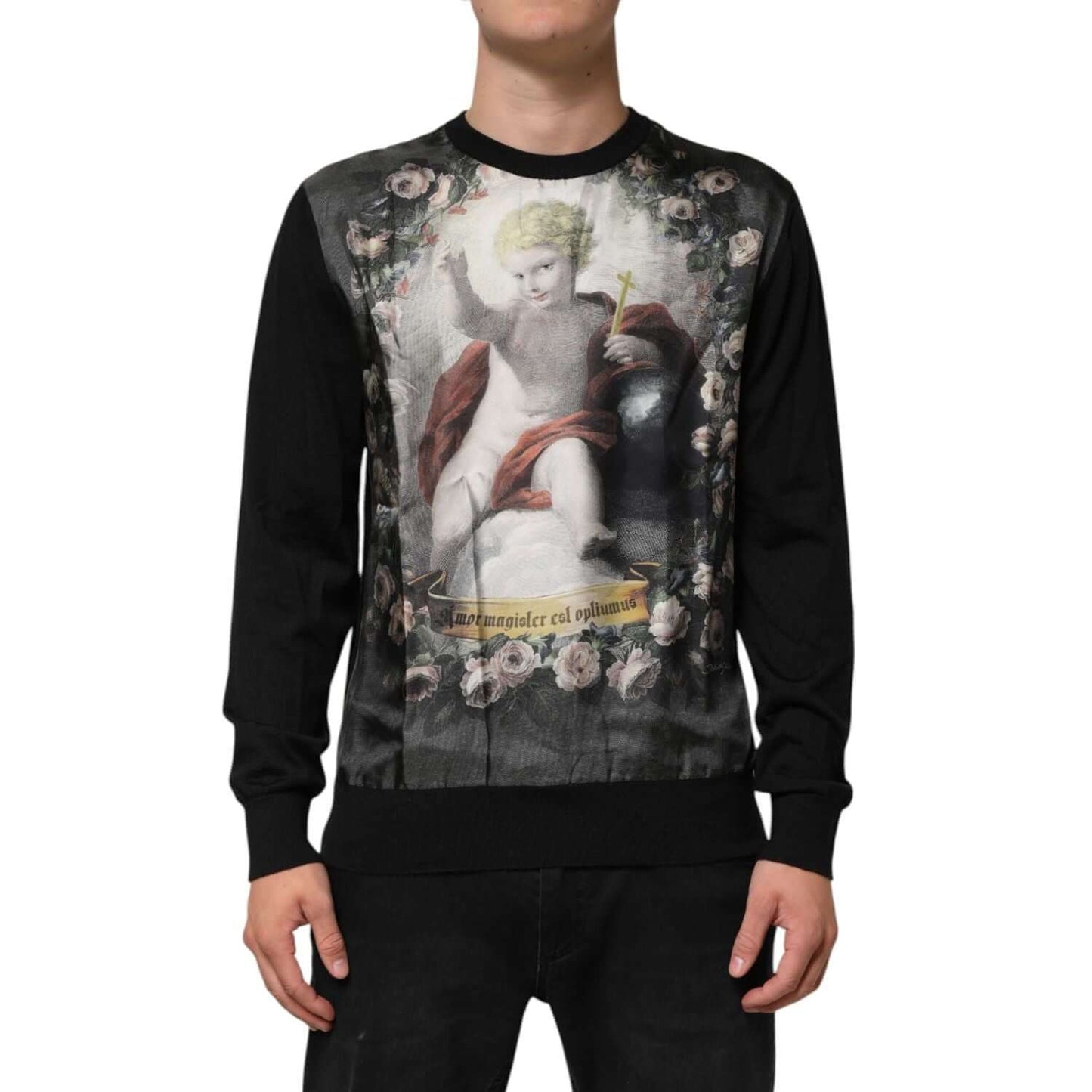 Dolce & Gabbana Black Cashmere Cherub Print Baroque Sweater