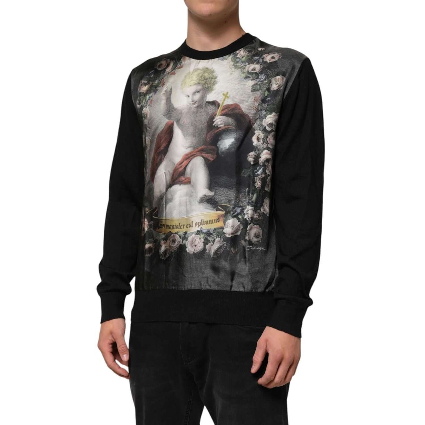 Dolce & Gabbana Black Cashmere Cherub Print Baroque Sweater