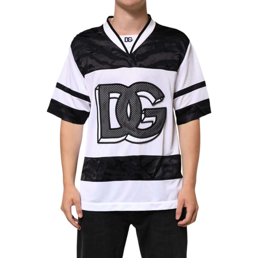 Dolce & Gabbana White Black Polyester DG Logo Mesh Jersey T-shirt