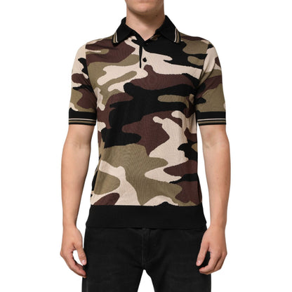 Dolce & Gabbana Camouflage Brown Silk Military Polo T-shirt