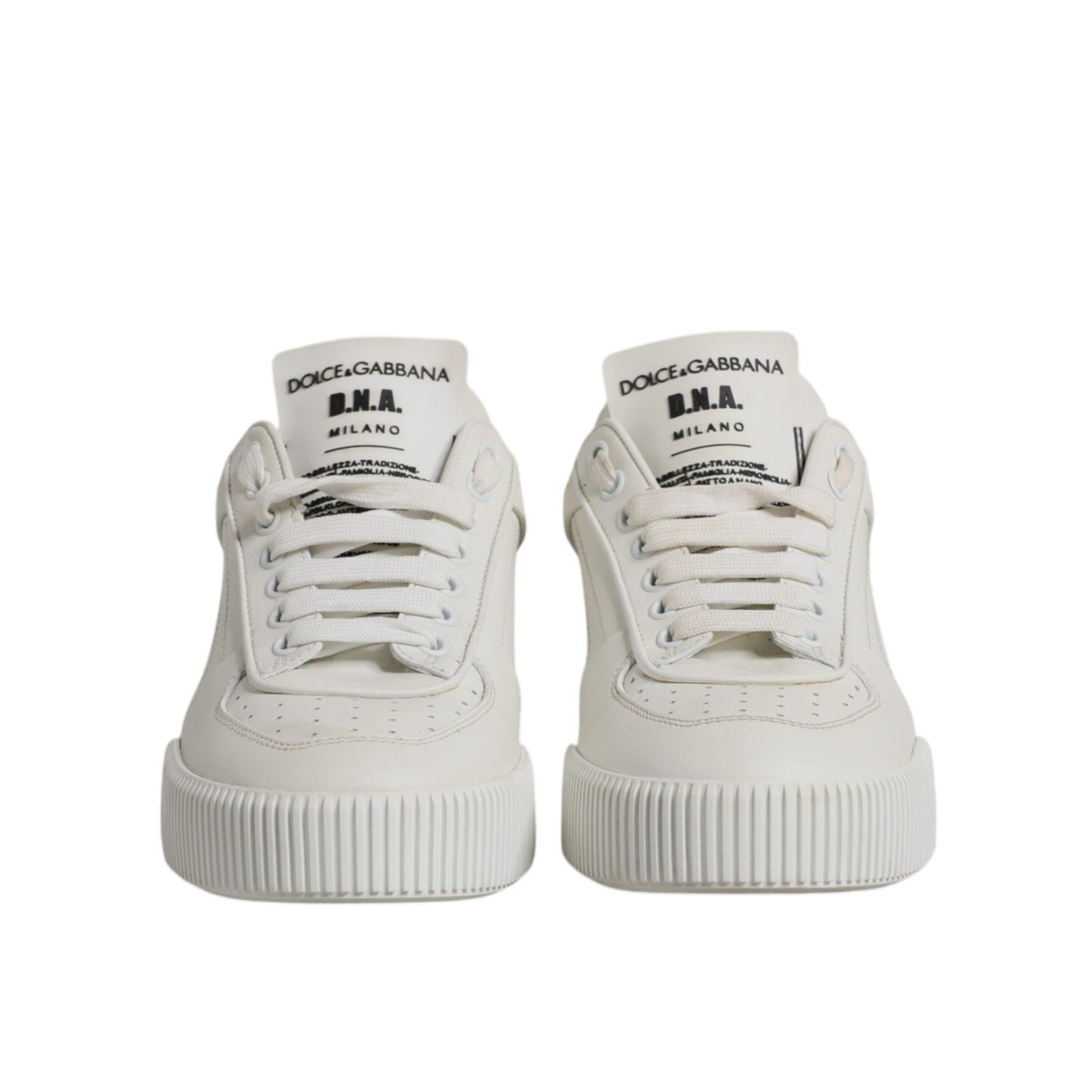 Dolce & Gabbana White Miami Leather Low Top Sneakers Shoes featuring sleek Italian design, cushioned interior, lace-up closure, and rubber sole.