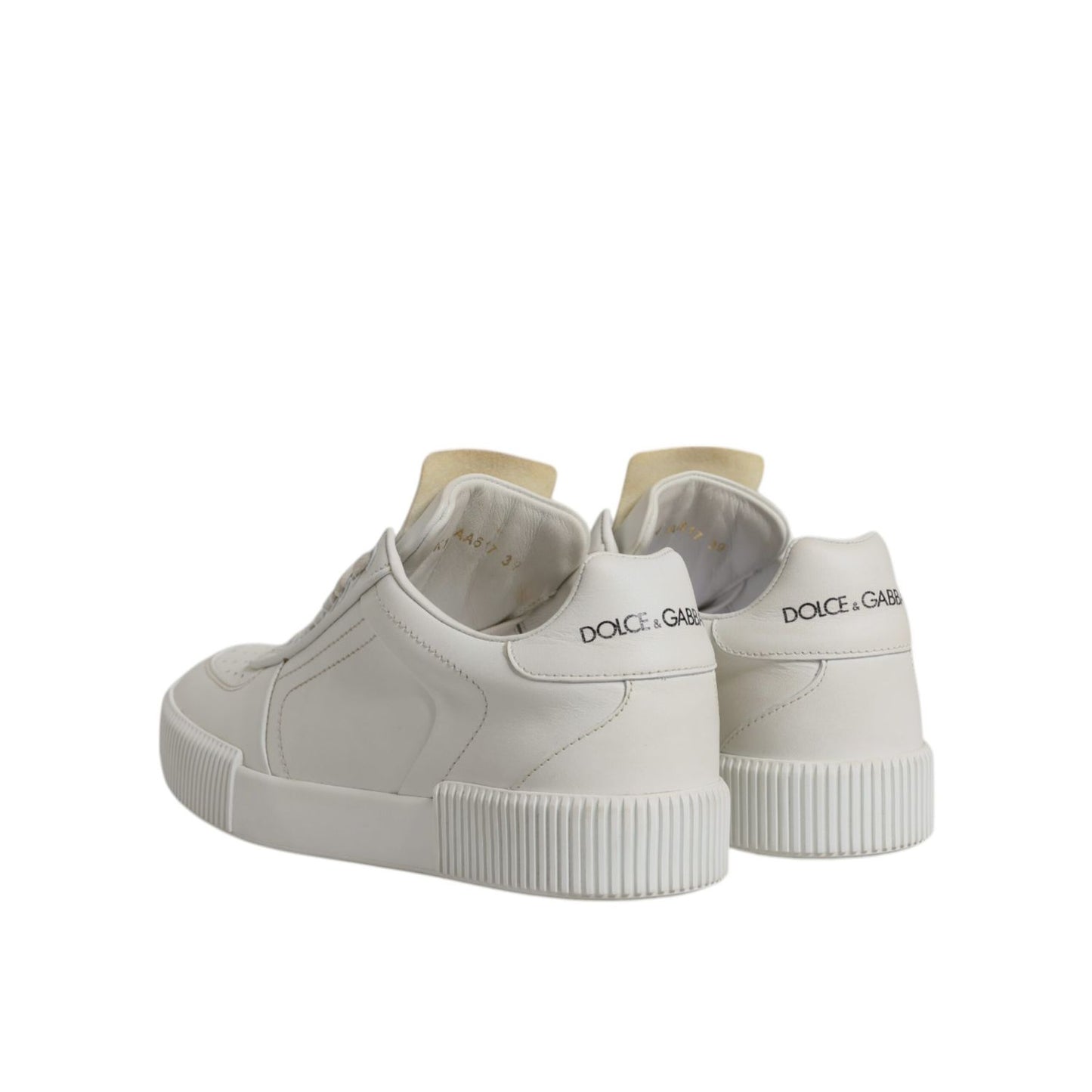 Dolce & Gabbana White Miami Leather Low Top Sneakers Shoes with minimalist design and rubber sole, showing rear view.