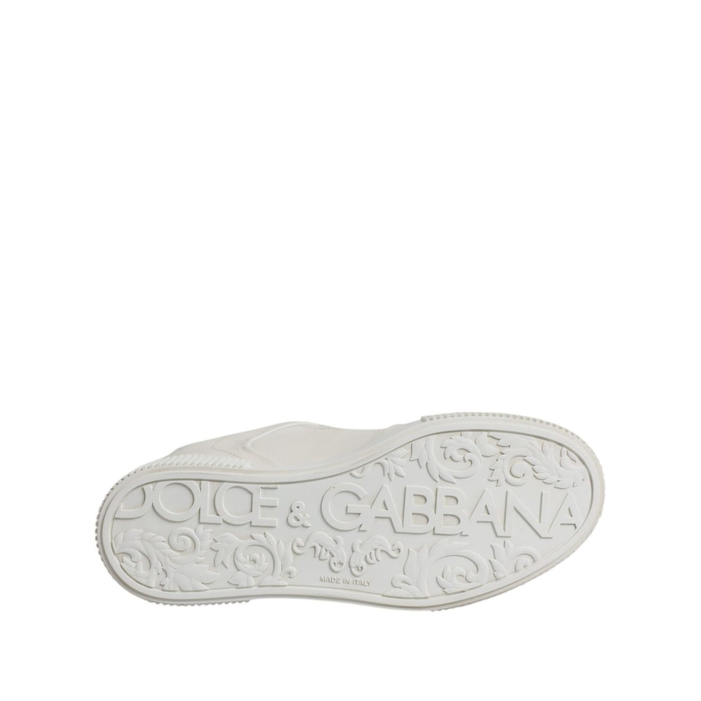 Sole view of Dolce & Gabbana White Miami Leather Low Top Sneakers Shoes showcasing branding on rubber sole.