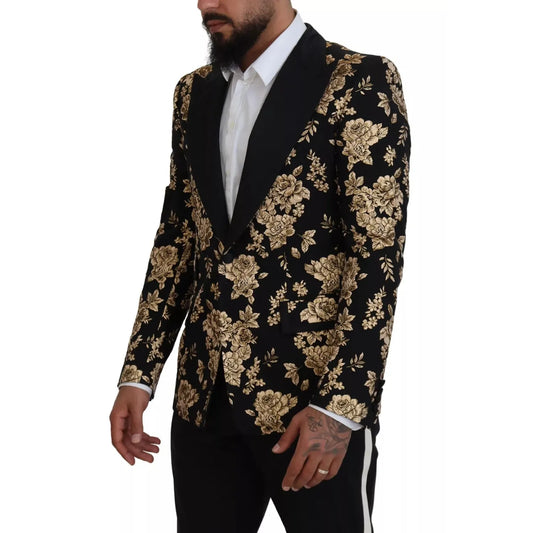 Dolce & Gabbana Gold Black Floral Embroidered Jacket Blazer KOS2121-48