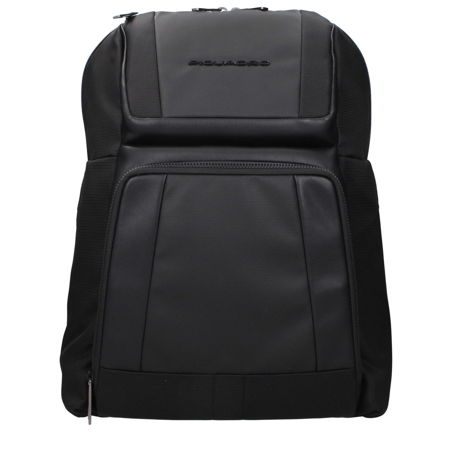 Piquadro Black Nylon Backpack with adjustable straps, front and back logo, suitable for iPad and PC.