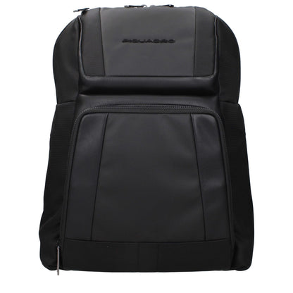 Piquadro Black Nylon Backpack with adjustable straps, front and back logo, suitable for iPad and PC.