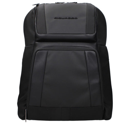 Piquadro Black Nylon Backpack with adjustable straps, front and back logo, suitable for iPad and PC.