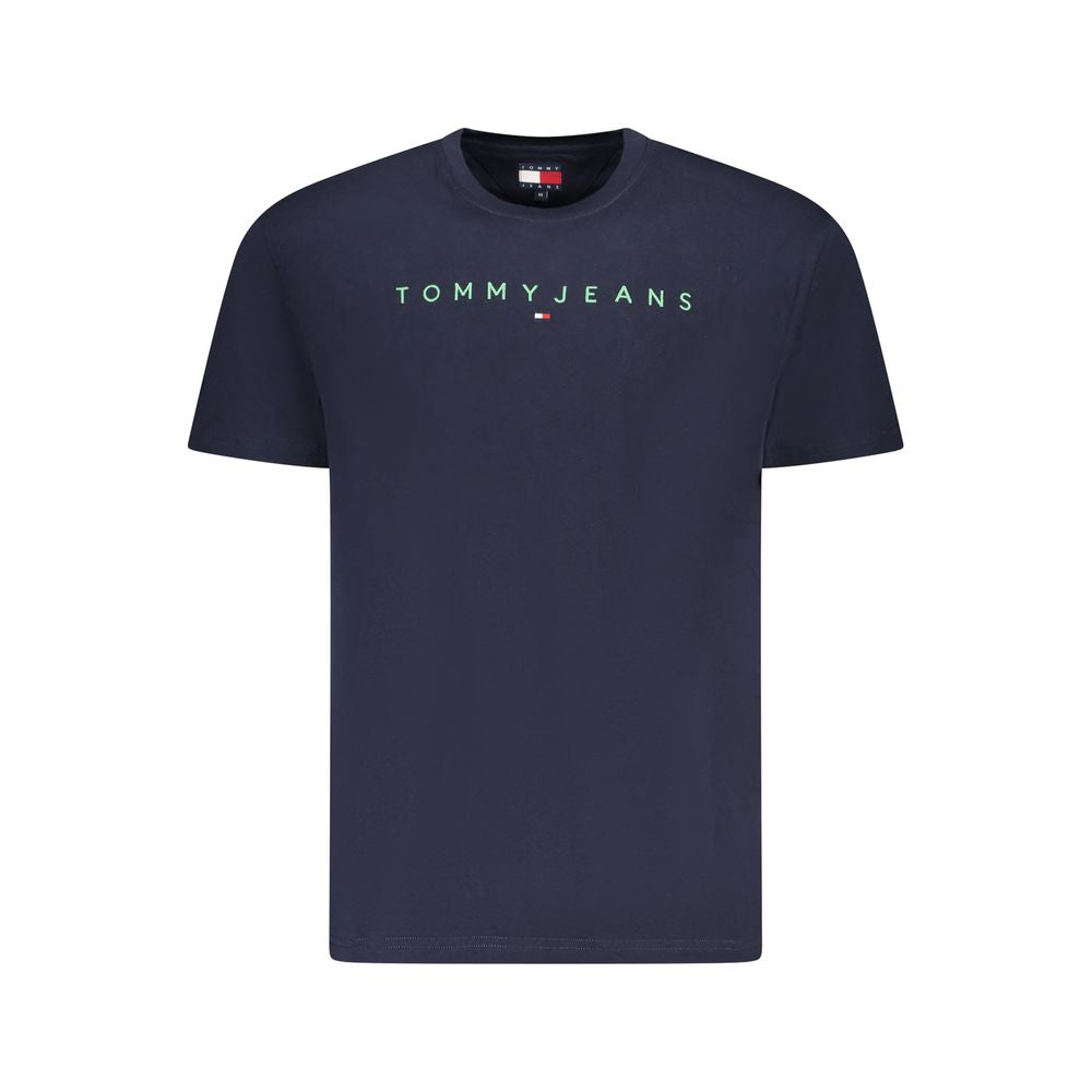 Tommy Hilfiger Blue Cotton Men T-Shirt with logo embroidery, crew neck design, made from 95% regenerative cotton for eco-friendly fashion.