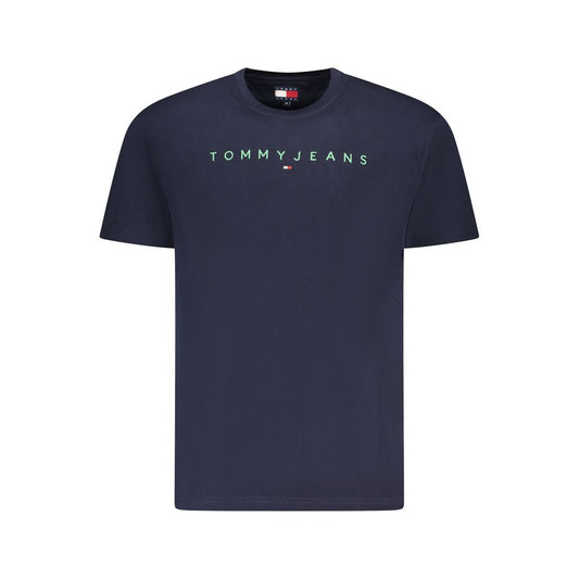 Tommy Hilfiger Blue Cotton Men T-Shirt with Tommy Jeans logo, crew neck, and eco-friendly design for sustainable fashion.