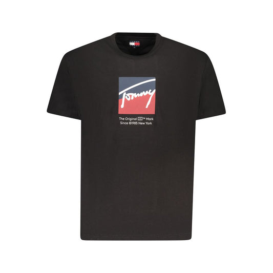 Tommy Hilfiger Black Cotton Men T-Shirt with logo, short-sleeved crew neck design, sustainable cotton, iconic style.