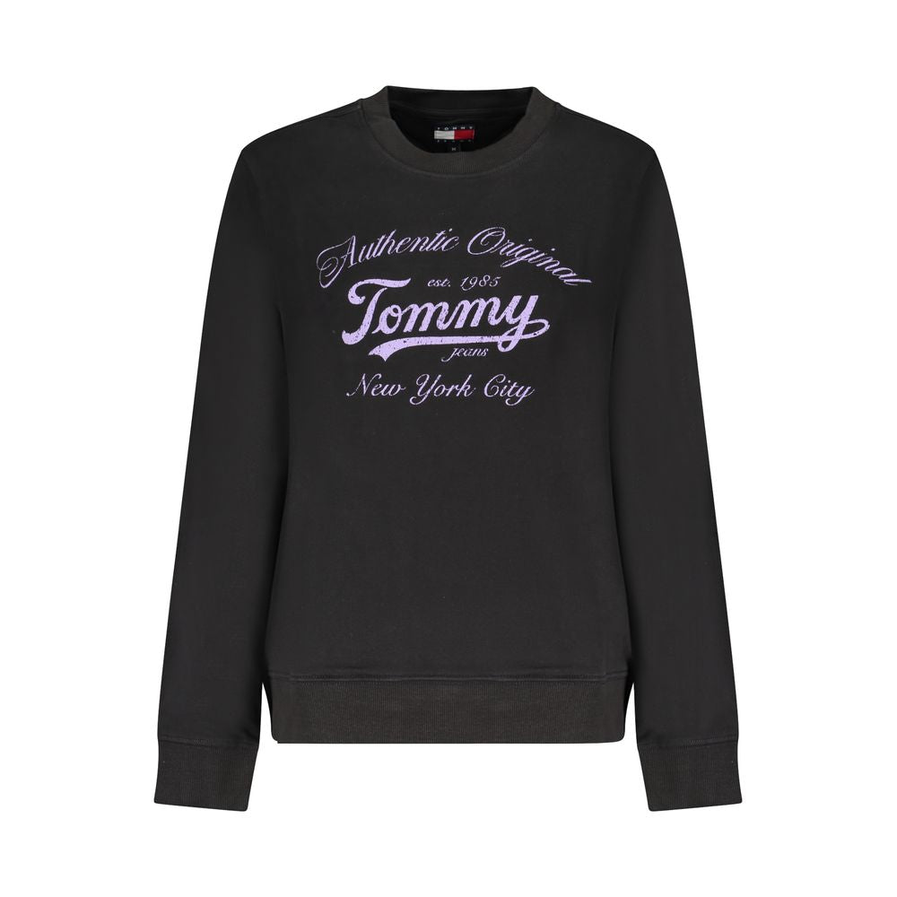 Tommy Hilfiger Black Cotton Women Sweater with long sleeves and statement print, perfect for stylish and eco-friendly fashion.