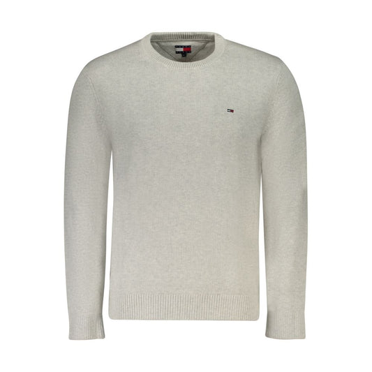 Tommy Hilfiger Gray Cotton Men Sweater with long sleeves and embroidered logo, made from 95% organic cotton for sustainable style.