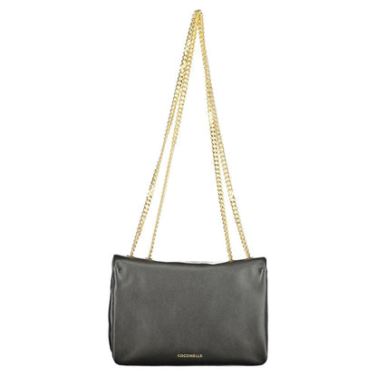 Coccinelle Black Leather Women Handbag with dual chain shoulder handles and iconic logo, showcasing Italian craftsmanship and chic sophistication.
