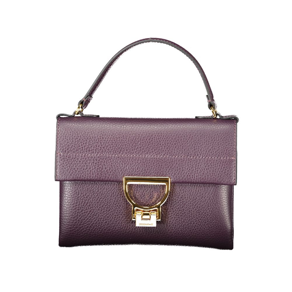 Coccinelle Purple Leather Women Handbag with gold clasp, Italian design, featuring single handle and adjustable shoulder strap.