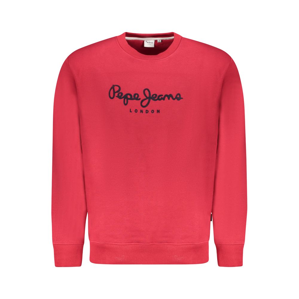 Pepe Jeans Red Cotton Men Sweater with logo print, sustainable cotton mix, bold red color showcasing contemporary style.