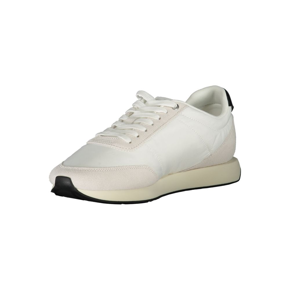 Calvin Klein White Polyester Men Sneaker with black accents and logo embroidery, featuring 50% recycled material and removable footbed.