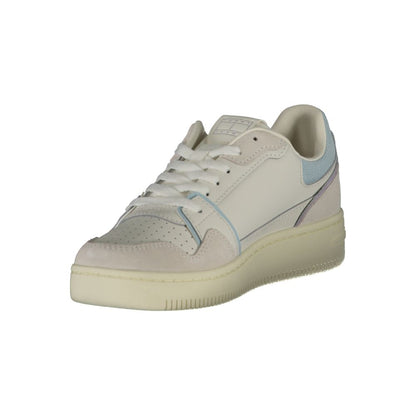 Tommy Hilfiger White Leather Women Sneaker with blue contrast and iconic logo, featuring a customizable footbed for all-day comfort.