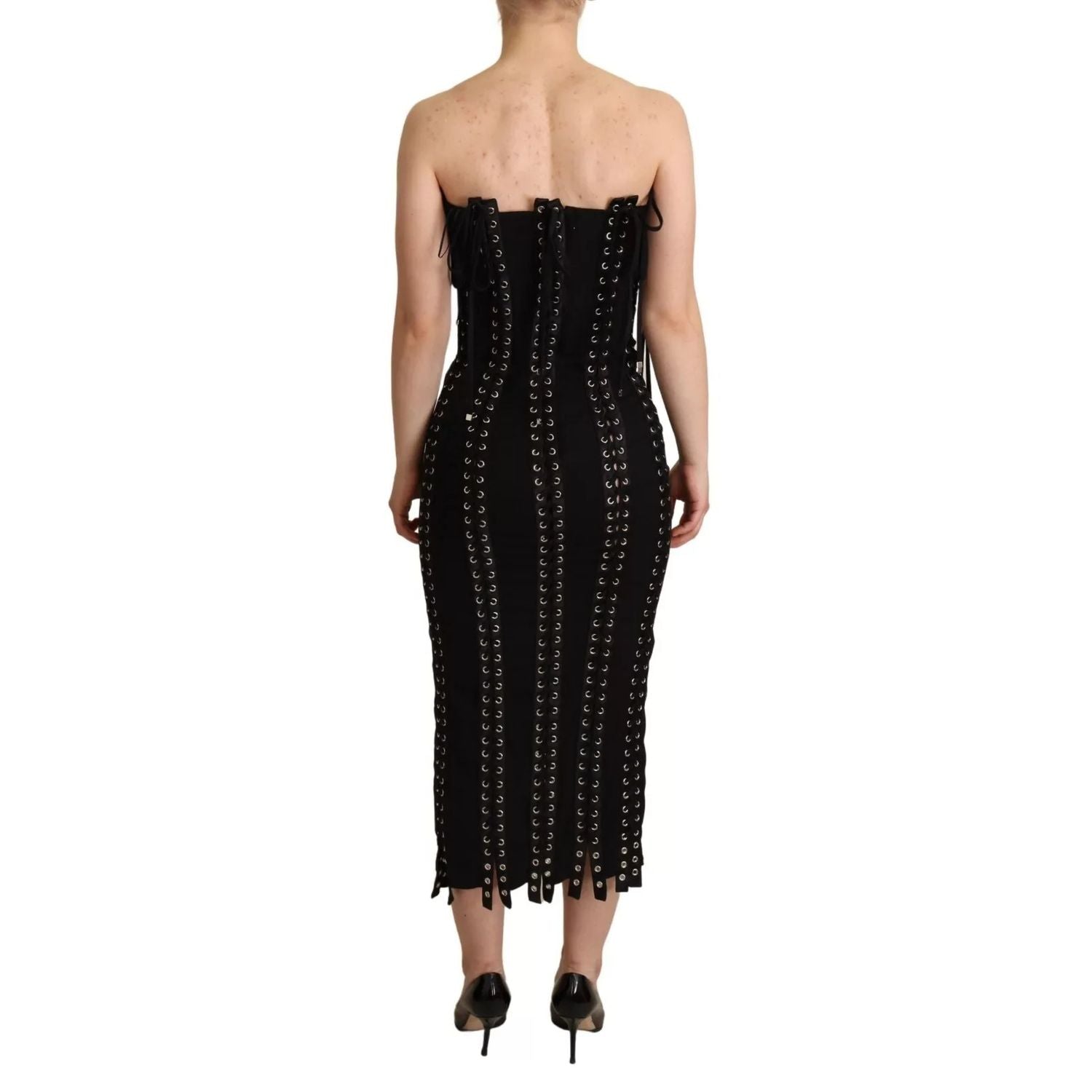 Dolce & Gabbana Black Cady Sleeveless Lace Up Bodycon Dress