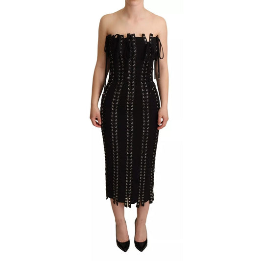 Dolce & Gabbana Black Cady Sleeveless Lace Up Bodycon Dress DR28050-36