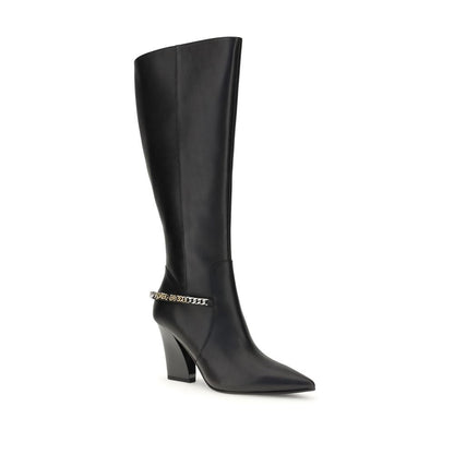 PINKO Black Nylon Boots with asymmetric heel, logo chain, and side zipper for a bold, contemporary AW25 style.