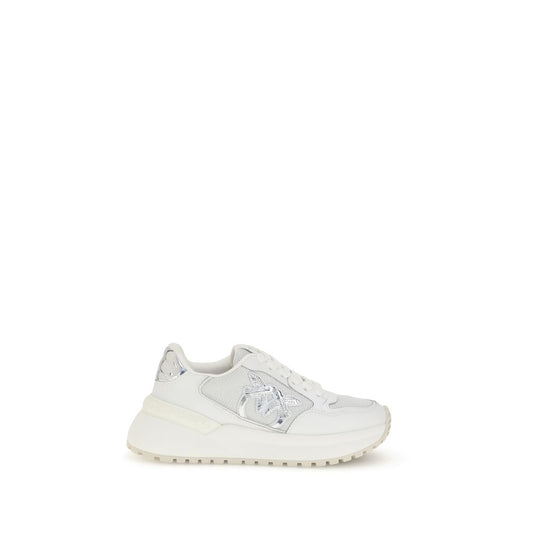 PINKO White Calf Leather Bos Taurus Chunky Sneakers with logo and mirrored details, featuring a contoured rubber sole and stylish design.