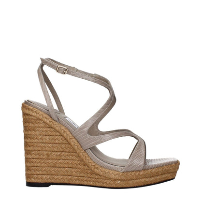 Jimmy Choo Gray Leather Wedge Sandals with vintage effect and back logo, MPN AYLA110HBJTAUPE, code F84209, side view.
