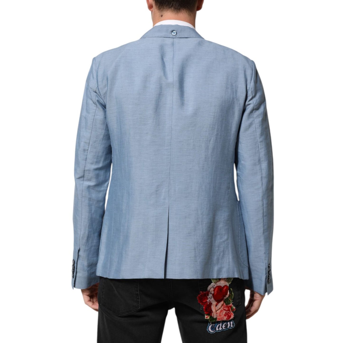 Back view of Dolce & Gabbana Light Blue Linen Double Breasted Men Jacket Blazer with logo details.