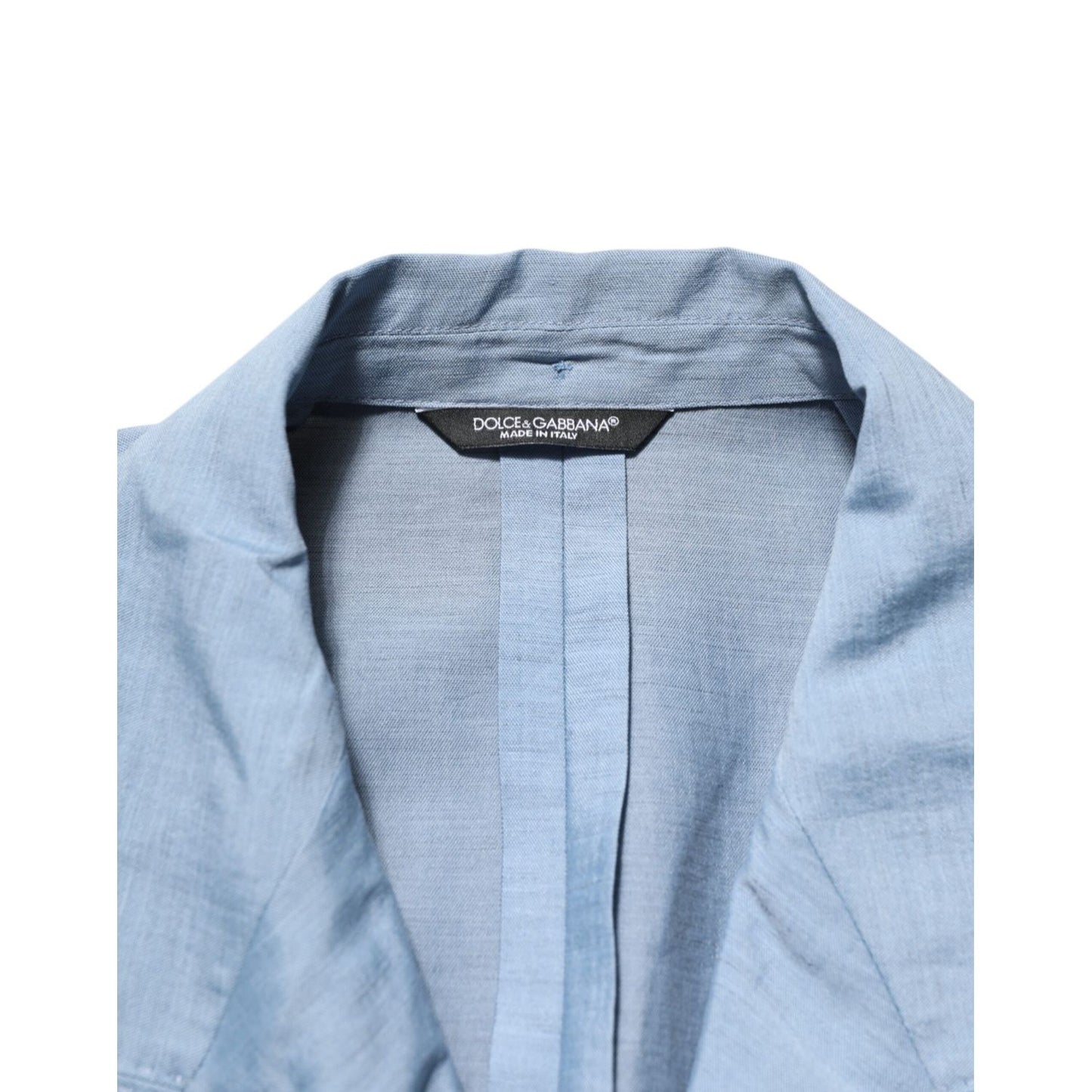 Dolce & Gabbana Light Blue Linen Double Breasted Men Jacket Blazer with collar close-up view