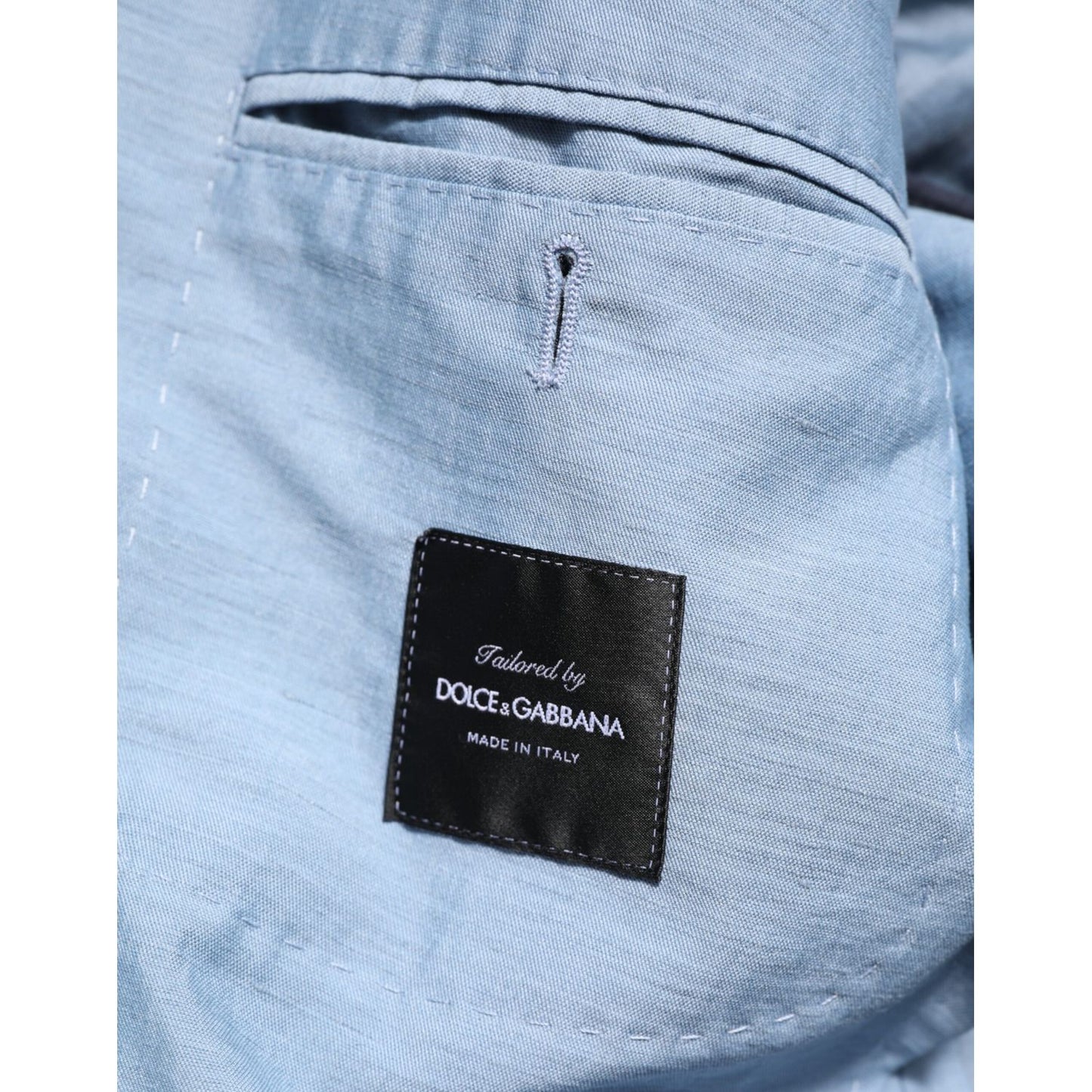 Dolce & Gabbana Light Blue Linen Double Breasted Men Jacket Blazer with logo detail inside.