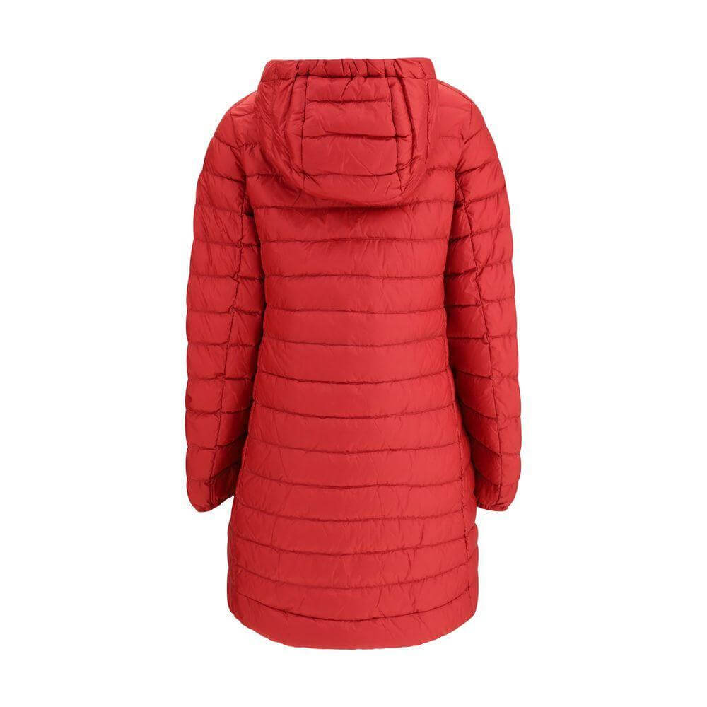 Back view of Parajumpers Meredith Down Jacket in red with hood and quilted design.
