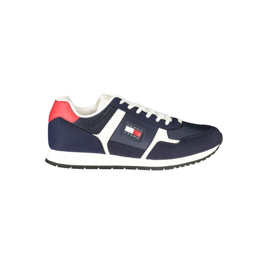 Tommy Hilfiger Blue Polyester Men Sneaker with logo, stylish design, and removable footbed for comfort.