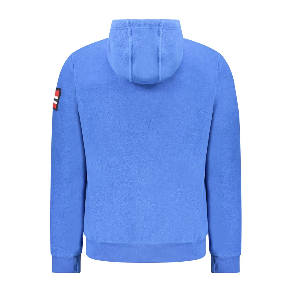 Back view of Norway 1963 Blue Polyester Men Sweater with hood and embroidered logo, showcasing cozy fleece material in vibrant blue.