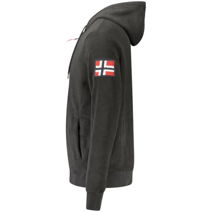 Side view of Norway 1963 Black Polyester Men Sweatshirt with hood and embroidered flag patch on sleeve.