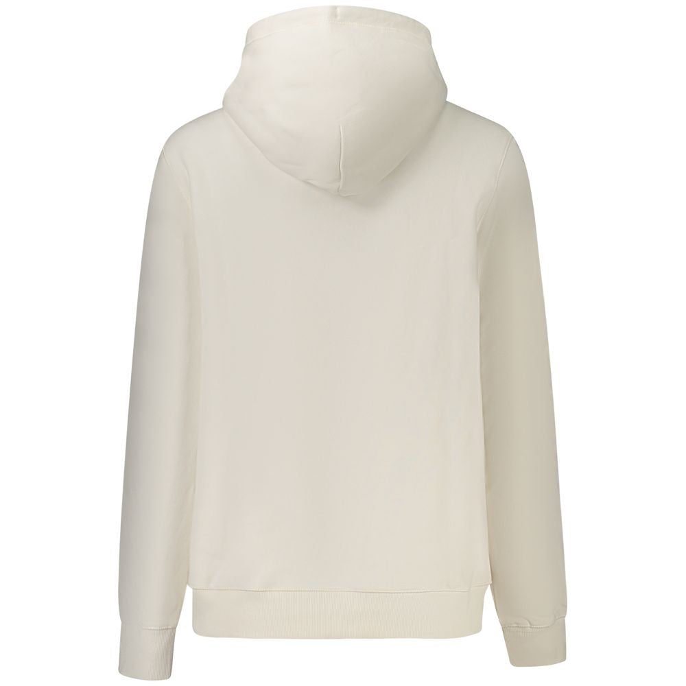 Back view of Tommy Hilfiger White Cotton Women Sweater with hood and central pocket, showcasing sustainable design and comfort.
