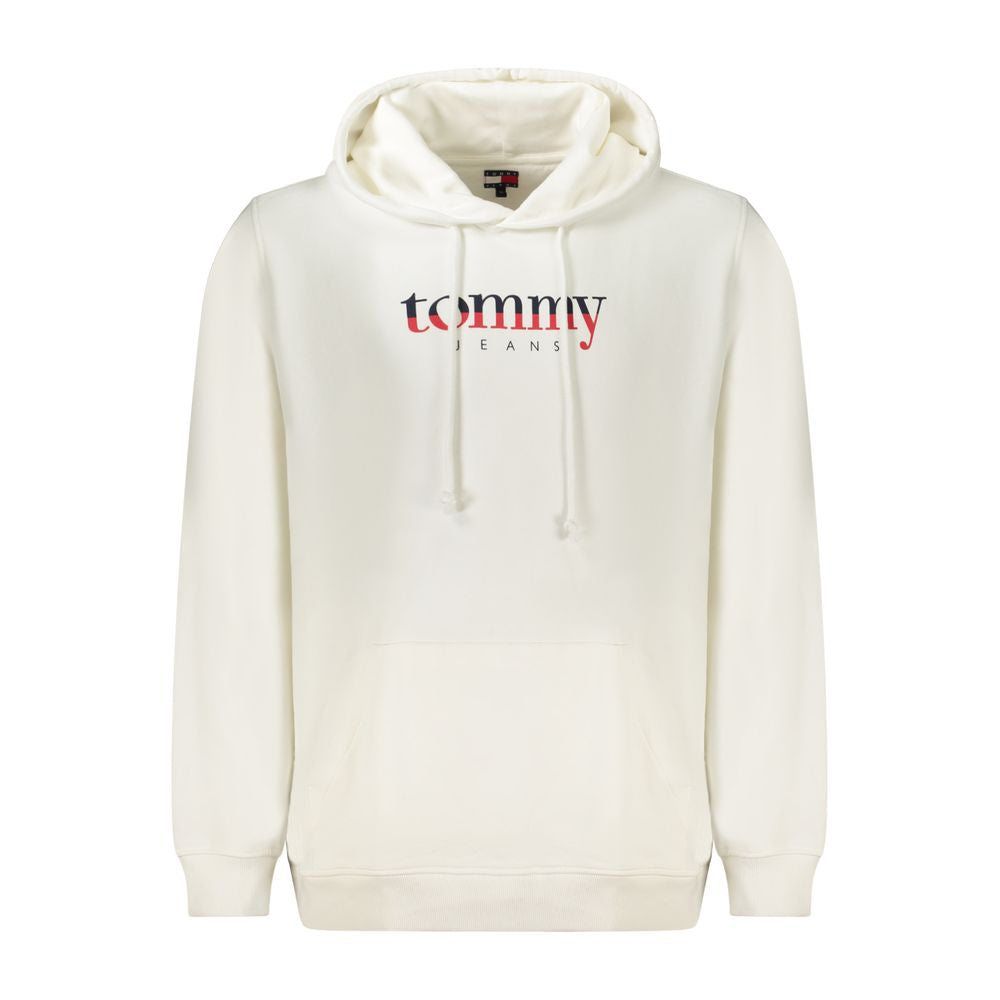 Tommy Hilfiger White Cotton Men Sweater with logo and central pocket, showcasing sleek, eco-friendly fashion.