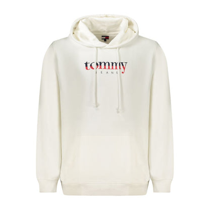 Tommy Hilfiger White Cotton Men Sweater with logo and central pocket, showcasing sleek, eco-friendly fashion.