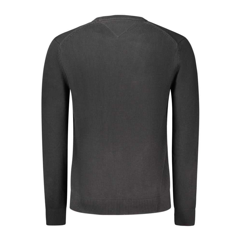 Tommy Hilfiger Black Cotton Men Sweater back view with crew neck design and sophisticated embroidery on organic cotton fabric.