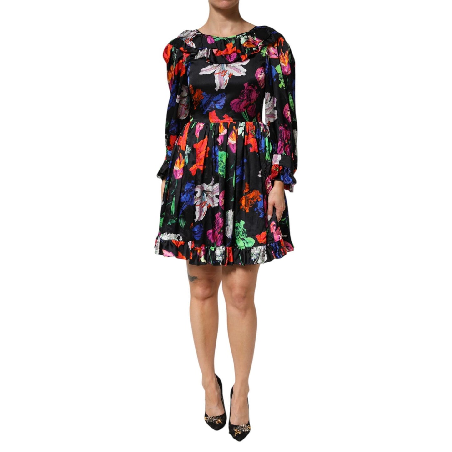 MSGM Dress Black Multicolor Floral Ruffle Long Sleeve Mini Dress