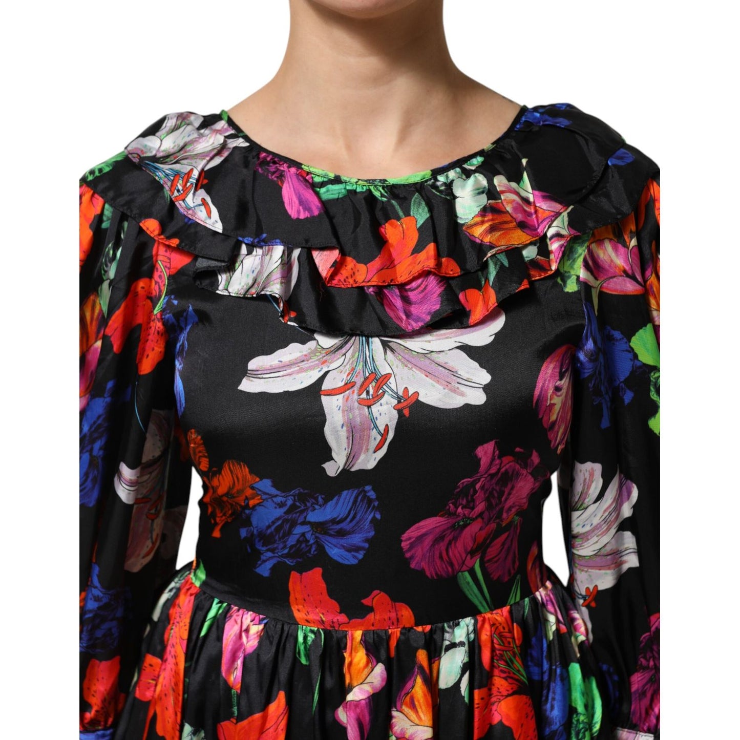 MSGM Dress Black Multicolor Floral Ruffle Long Sleeve Mini Dress