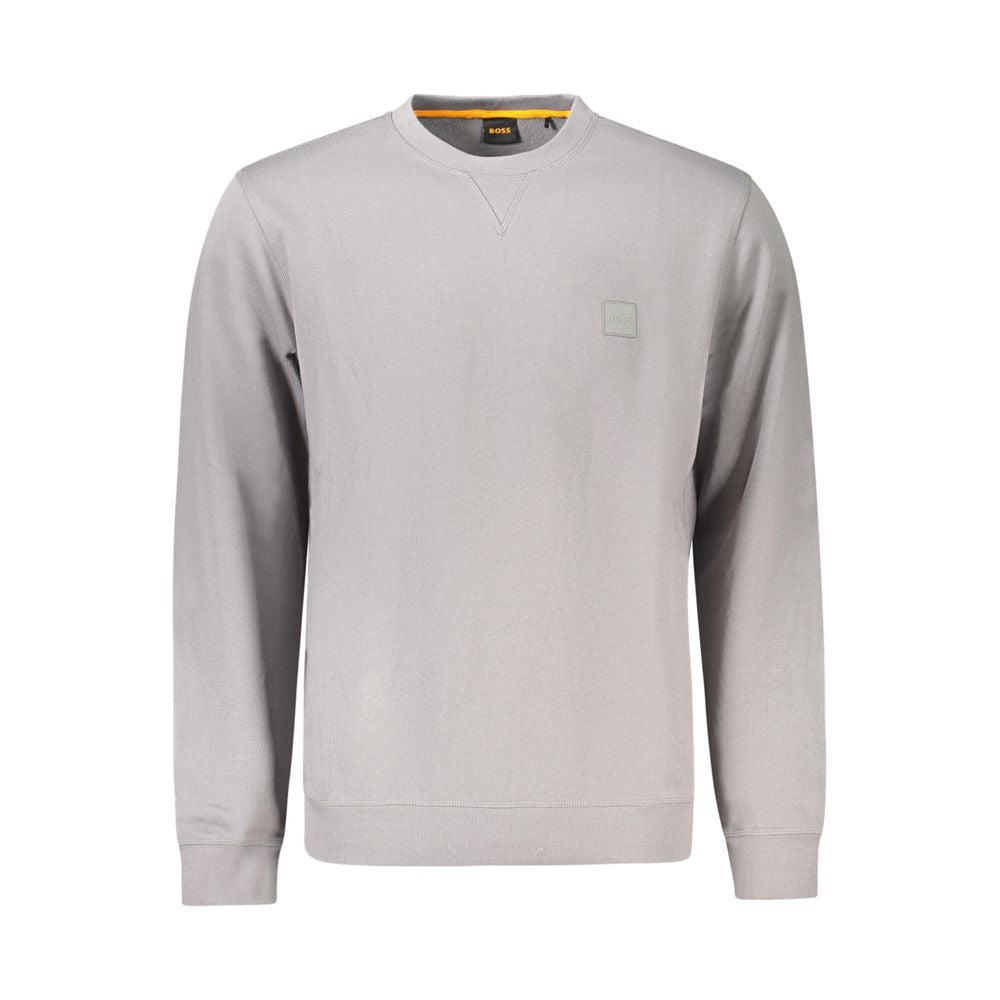 Hugo Boss Gray Cotton Men Sweater with crew neck and stylish embroidery, offering supreme comfort and sleek sophistication.
