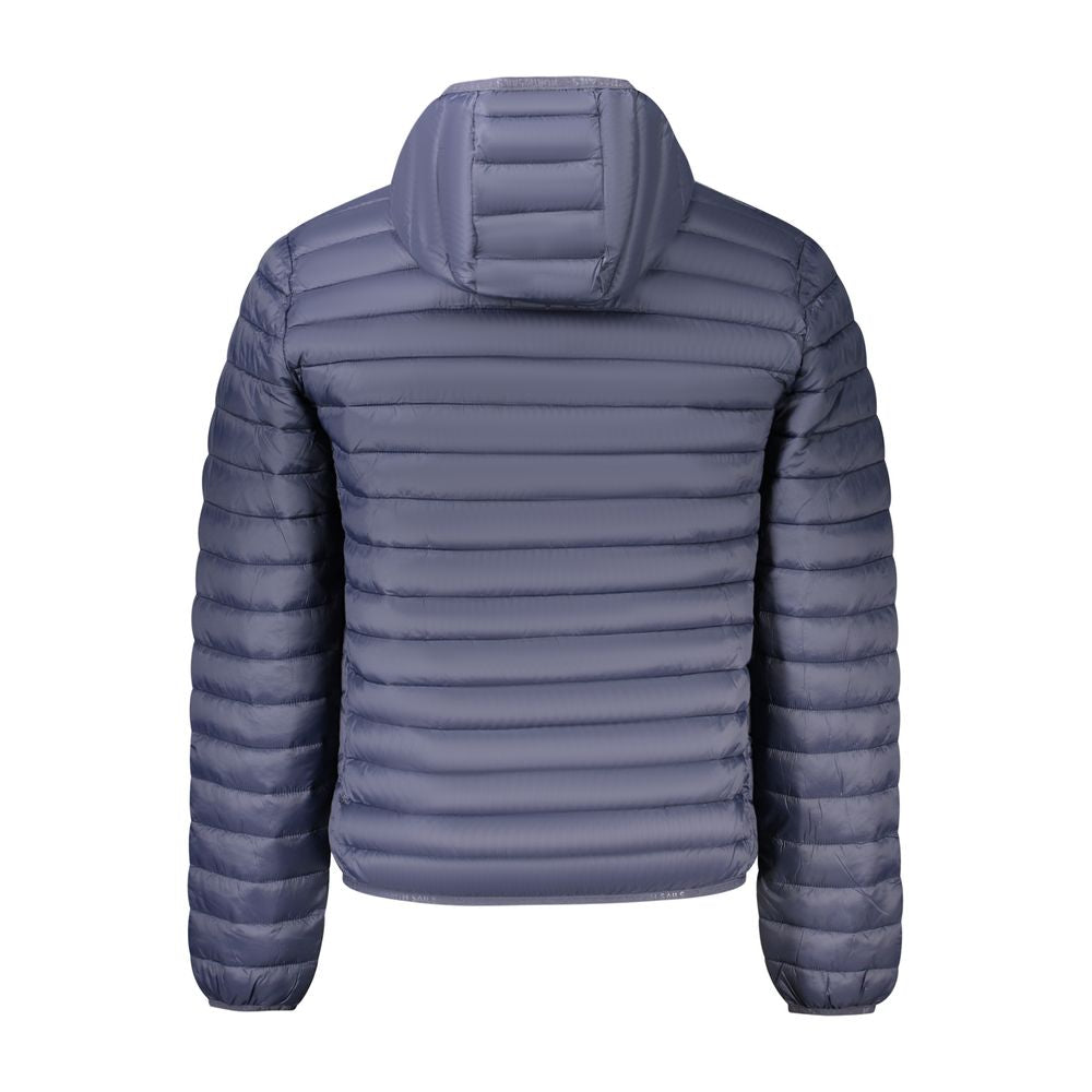 Back view of North Sails Blue Polyester Men Jacket with hood and padded design, featuring long sleeves and durable construction.
