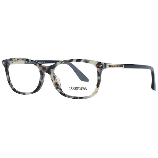 Longines Multicolor Women Glasses Frame in rectangle style with full-rim plastic design, demo lenses, and multicolor frame.