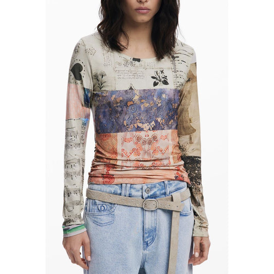 Desigual Beige Viscose Women Top with a bold, patterned design and long sleeves, featuring a wide neck cut for modern style.