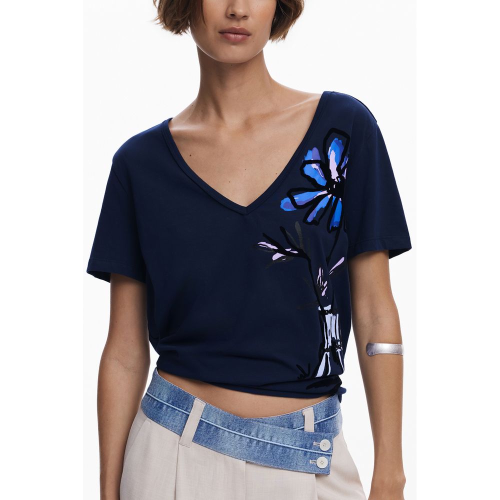 Desigual Blue Cotton Women T-Shirt with V-neck and vibrant print, perfect blend of comfort and style, wearing model close-up.